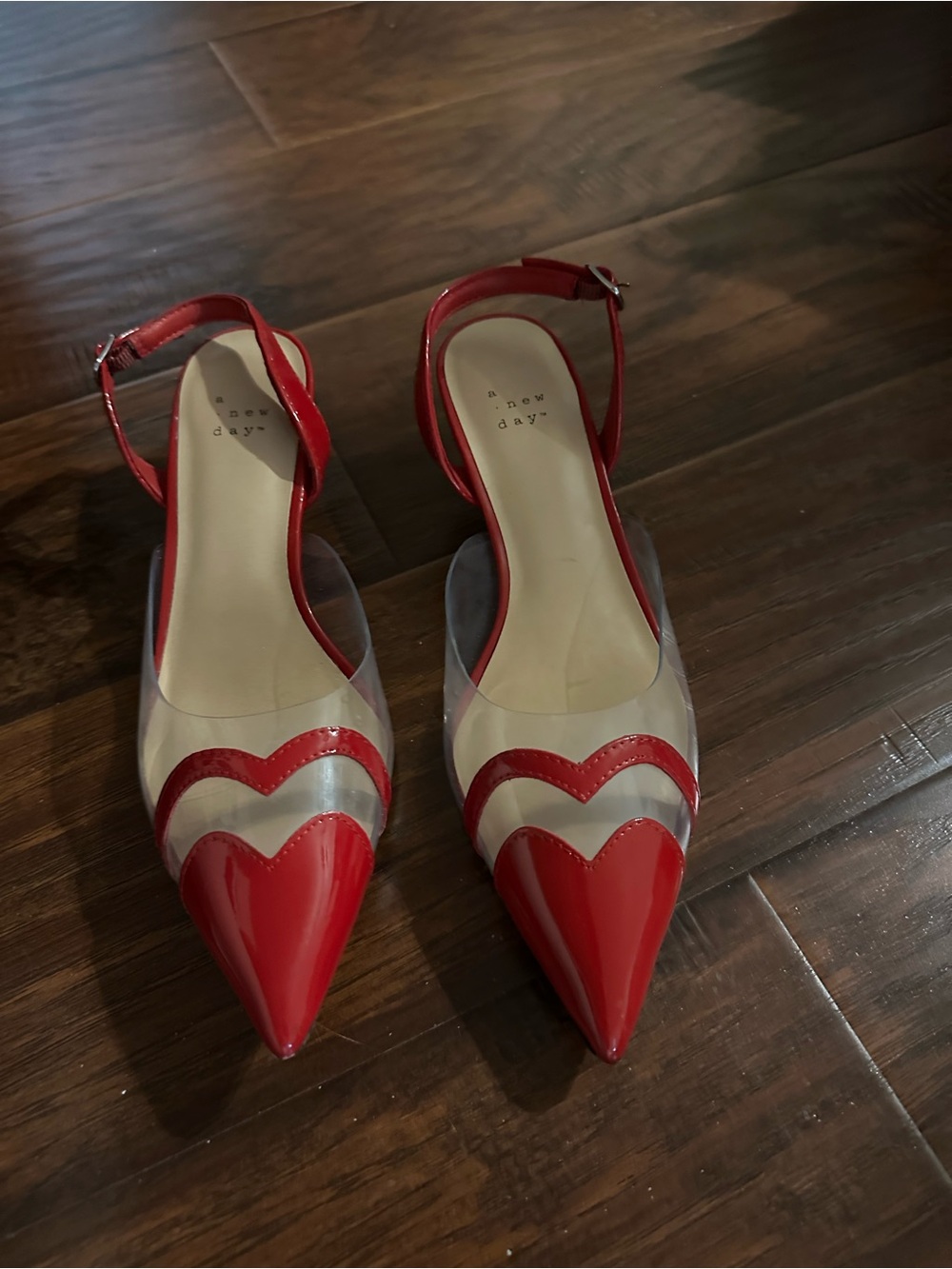 a new day Red Pointed-Toe Clear Panel Slingback Pumps with Heart Detail